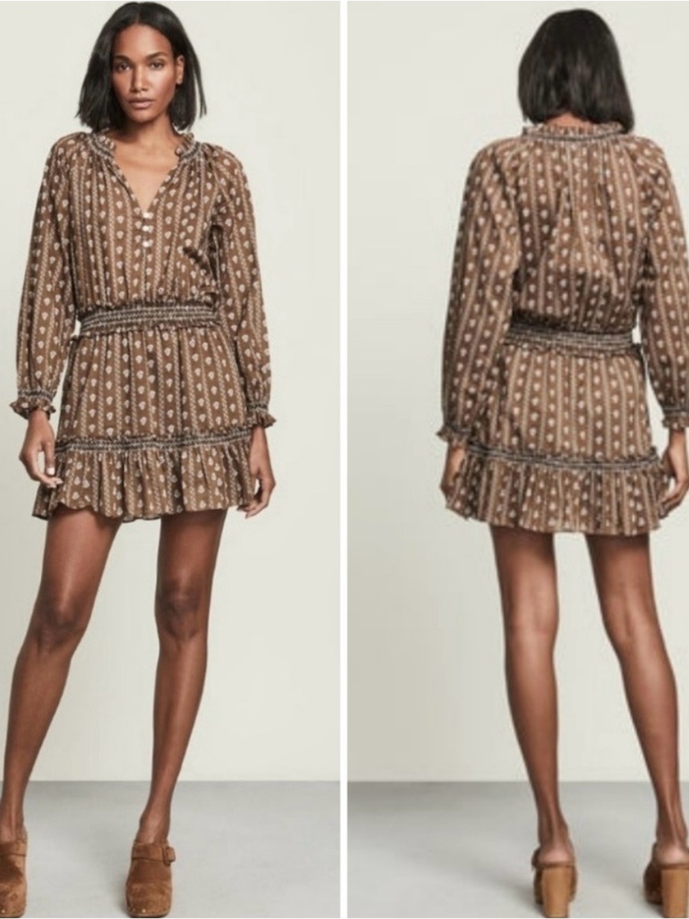 Veronica Beard Brown Printed Long-Sleeve Mini Dress